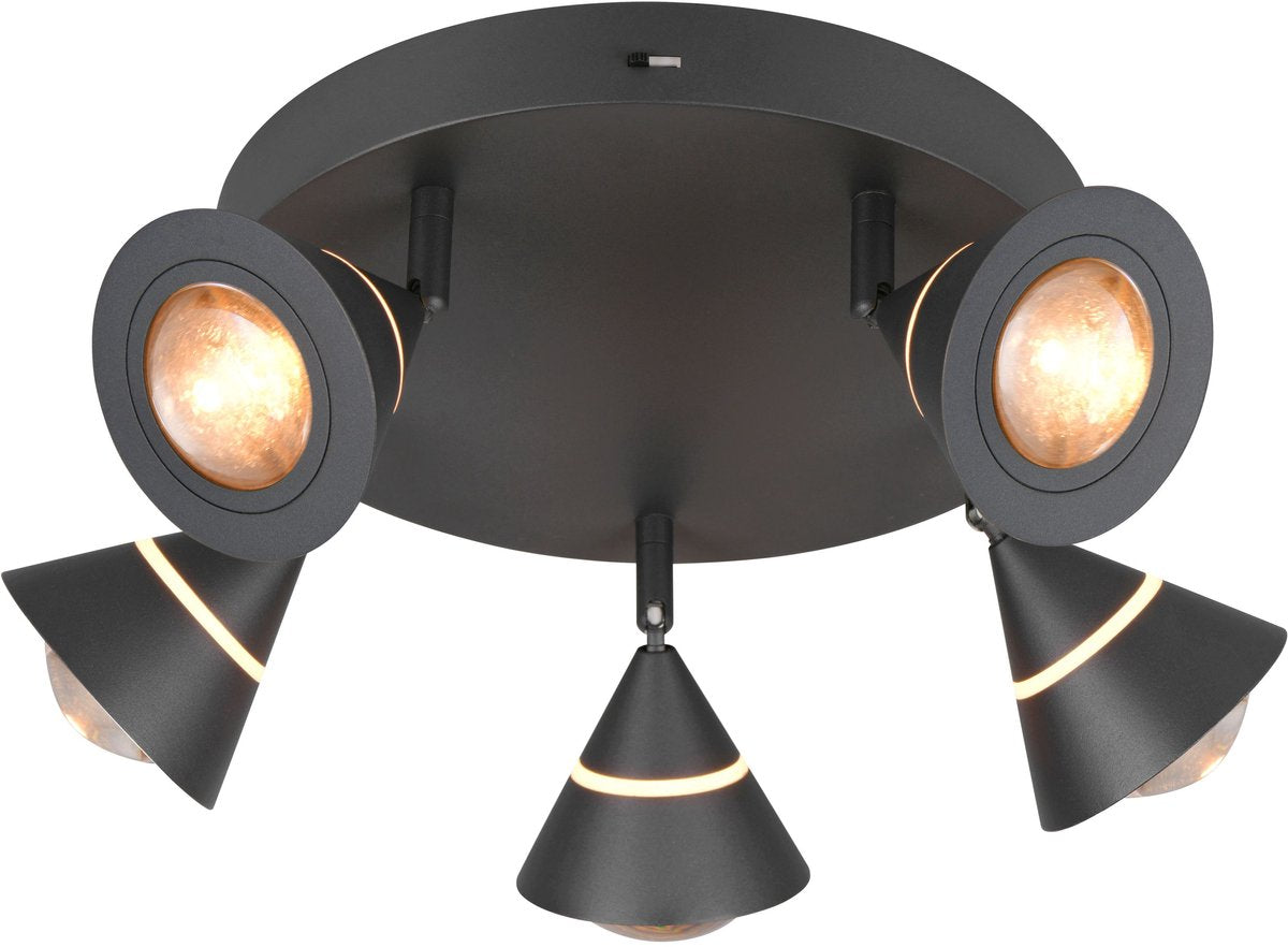Trio romeo - plafondlamp - zwart mat - incl. 5x smd 7 w - zwenkbaar - plafondbevestiging - dip - schakelaar