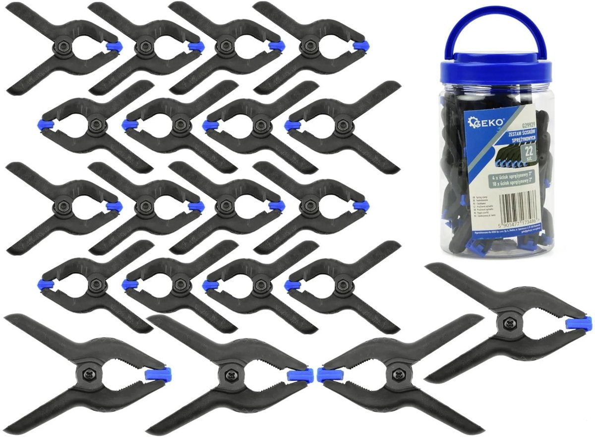 Geko-Set mit 22 Federklemmen – Kunststoff – Stahlfeder – 50 mm 75 mm