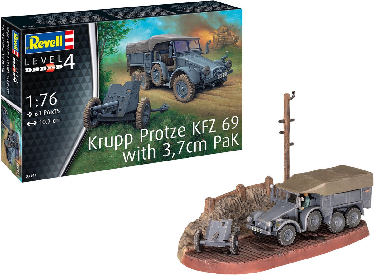 Revell Modellbausatz Militärfahrzeuge – 03344 Krupp Protze KFZ 69 mit 3,7 cm Anzug aus Kunststoff – 1:76 – Modellbau