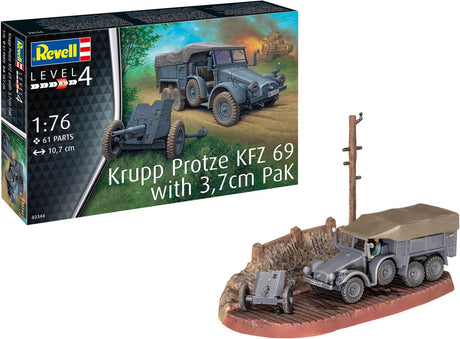 Revell Modellbausatz Militärfahrzeuge – 03344 Krupp Protze KFZ 69 mit 3,7 cm Anzug aus Kunststoff – 1:76 – Modellbau