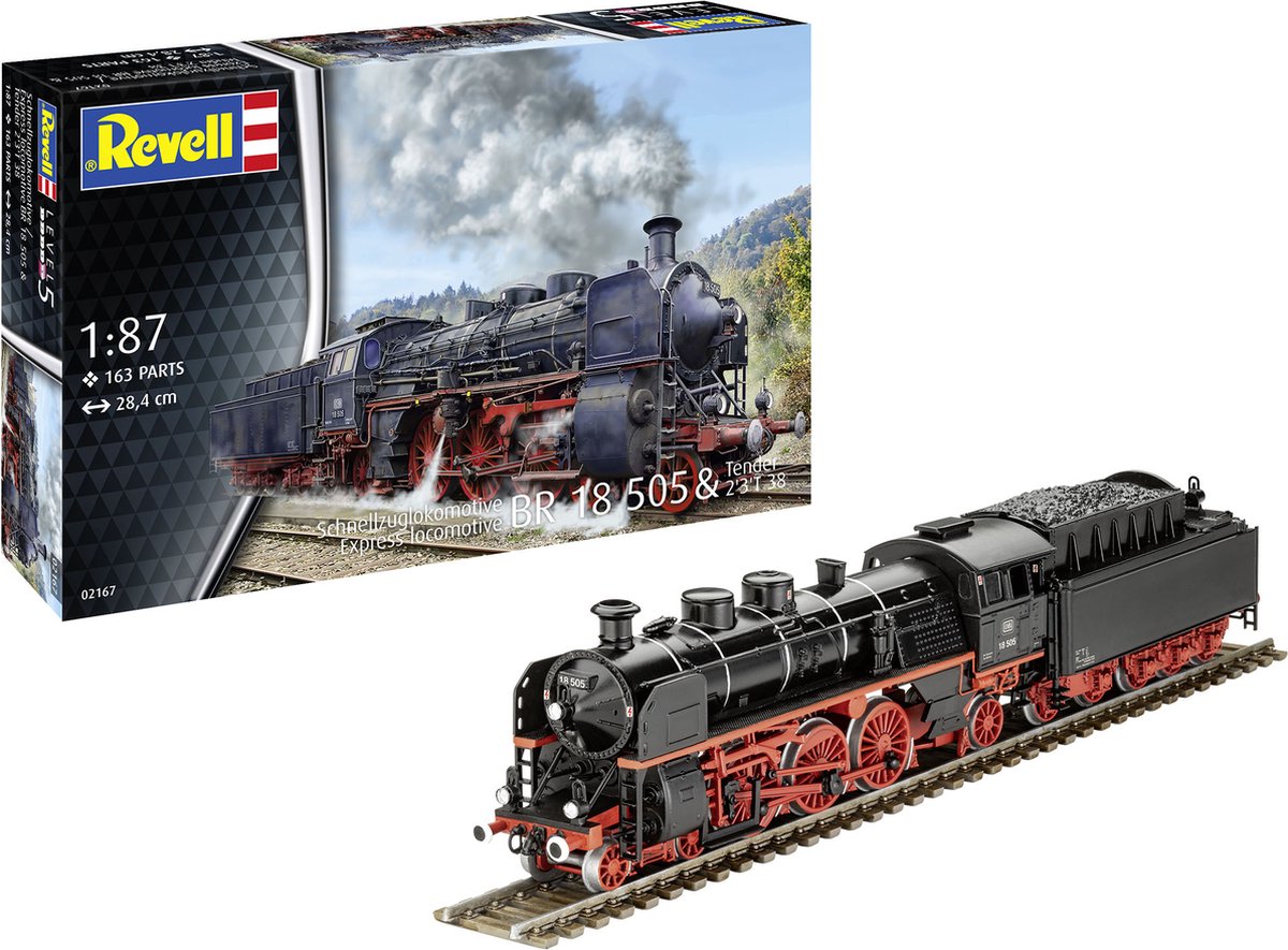 Revell Modellbausatz Militärfahrzeuge – 02167 Baureihe 18 505 – Tender 2’3’ T 38 – Dampflokomotive aus Kunststoff – 1:87 – Modellbau