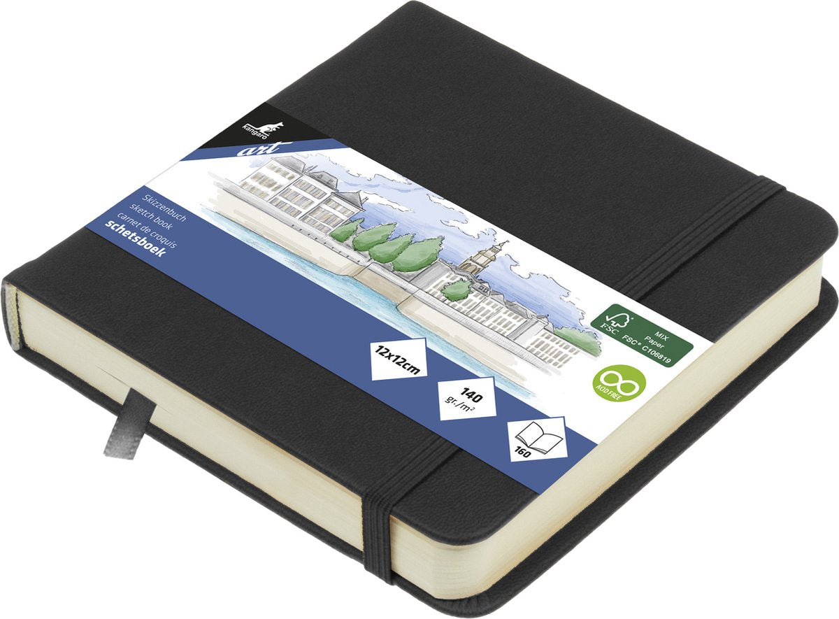 Kangaro schetsboek - 12 x 12 cm - zwart - pu hardcover - met elastiek en lint - 140g papier - 160 pagina's - k-861200