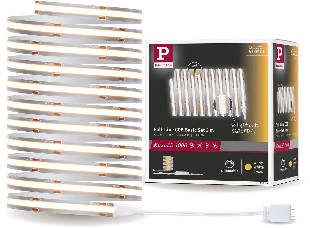 Paulmann maxled 1000 LED-Streifen Basisset Cob 3m Warmweiß 3m 36W 1080lm m 528 LEDs m 2700k 50VA