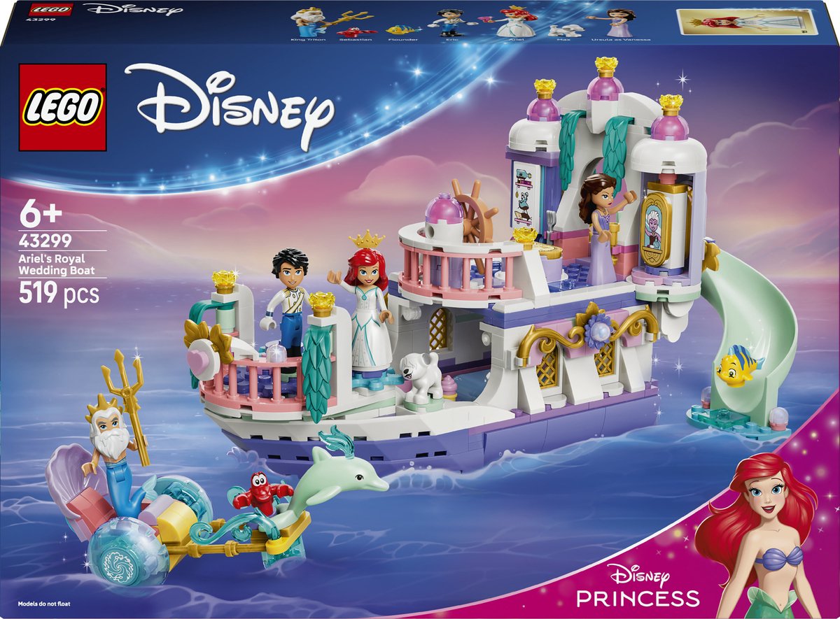 Lego ǀ disney princess ariëls koninklijke trouwboot bouwpakket voor kinderen met 7 poppetjes 43299