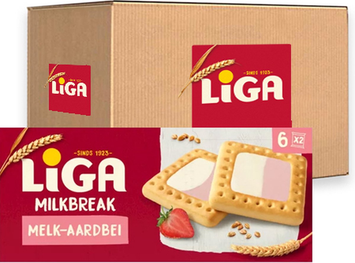 Liga Milkbreak Duo Cookies Milch Erdbeere - Box 12 x 245g - Cookie - Kekse für unterwegs oder Arbeit und Büro