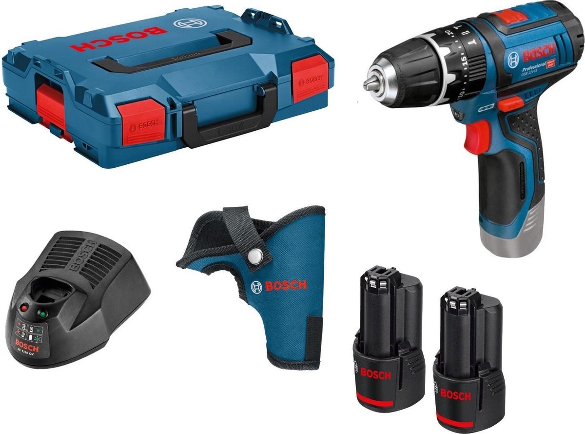 Bosch Professional GSB 12V-15 – Akku-Schlagbohrschrauber – inkl. 2 GBA 12V x Akku (2,0 Ah) – Gal 12V-40 Ladegerät – Holster – L-Boxx