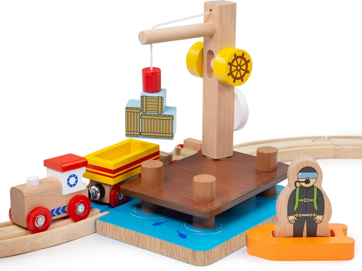 Bigjigs Holzschienen-Kran-Dock mit Taucher, 3-teilig.