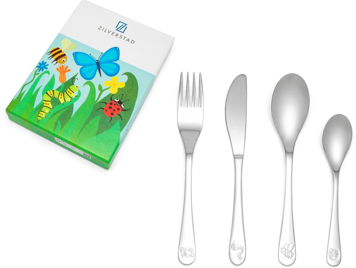 Zilverstad - kinderbestek 4-delige set natuurvriendjes rvs 18 10