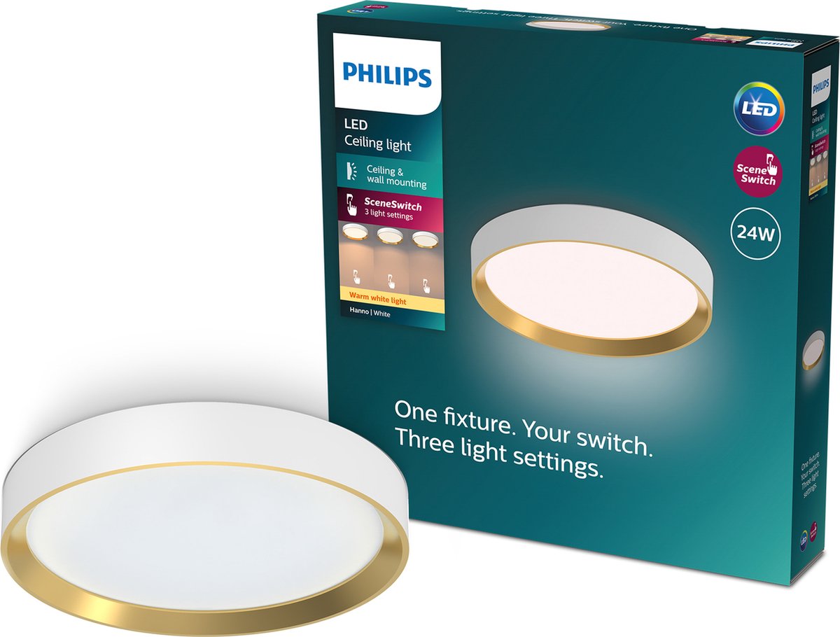 Philips led philips hanno plafondlamp - sceneswitch lichttechnologie - 24w - warmwit licht - wit met goud design