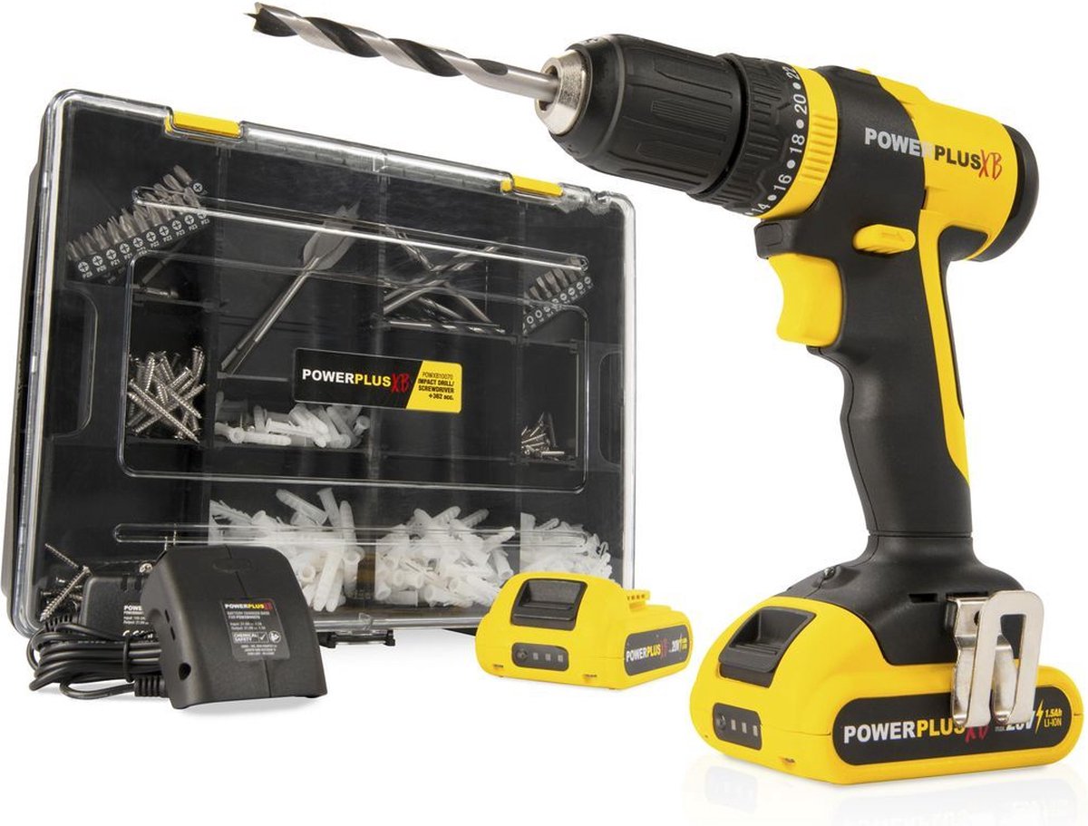 Powerplus accu klopboormachine powxb10070 - 3 in 1: boren hamerboren en schroeven, 20 v boormachine, 30 nm, links en rechts schroeven, incl. 2 accu's 1.5 ah en 1 lader, 362 accessoires