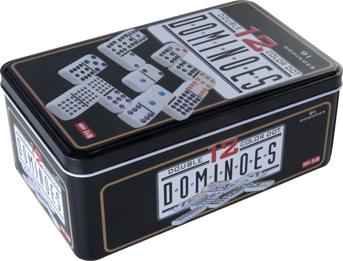 Engelhart Domino Double 12 – 91 Steine mit farbigen Augen – kompakte Dose – klassisches Spiel für Zuhause – strategisches Familienspiel –