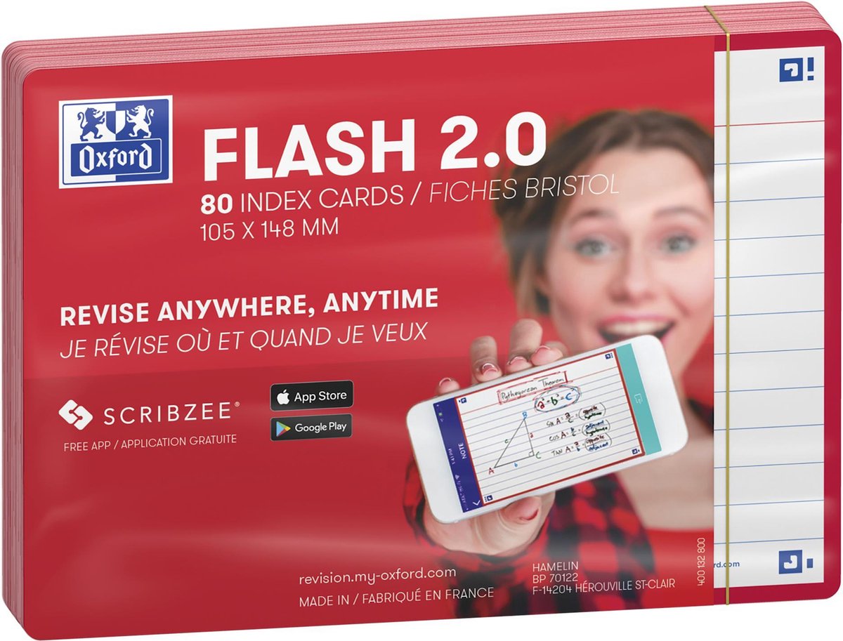 Oxford flash 2.0 - flashcards - gelijnd - a6 - rode rand - 80 stuks