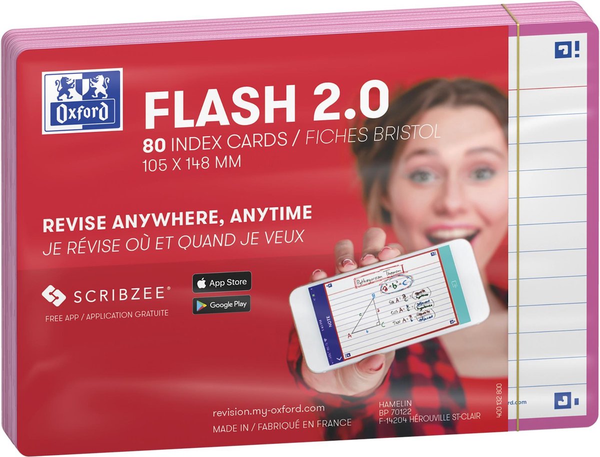Oxford flash 2.0 - flashcards - gelijnd - a6 - fuchsia rand - 80 stuks
