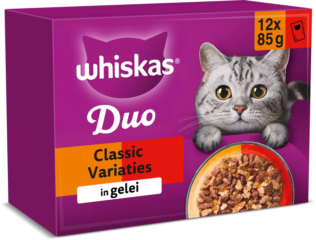 Whiskas Katzenfutter – Erwachsene ab 1 Jahr – Duo-Klassiker-Variationen, Gelee – 4 x 12 x 85 g