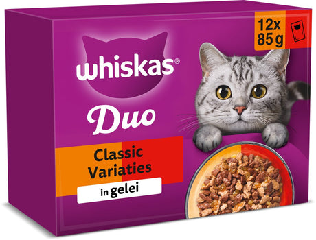 Whiskas Katzenfutter – Erwachsene ab 1 Jahr – Duo-Klassiker-Variationen, Gelee – 4 x 12 x 85 g