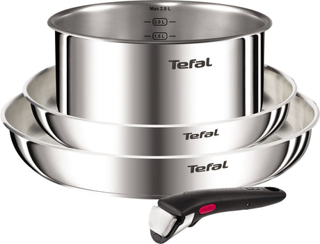 Tefal Ingenio Emotion L896S453 – 4-teiliges Pfannenset – Edelstahl 2 Bratpfannen 1 Kochtopf – abnehmbarer Griff – stapelbar – Induktionsgeeignet – ofenfest – kompaktes Kochgeschirr
