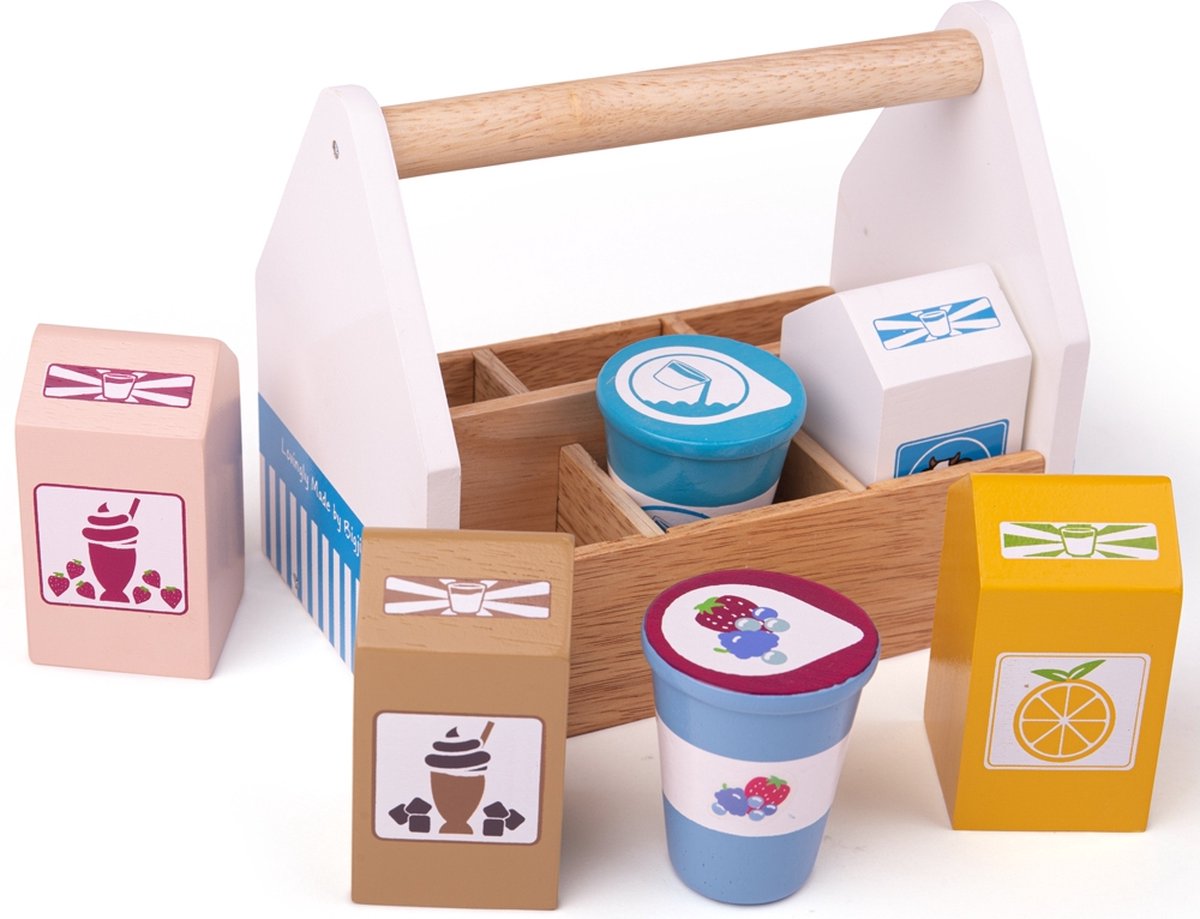 Bigjigs Holzkiste mit Milchprodukten, 7 Stück.