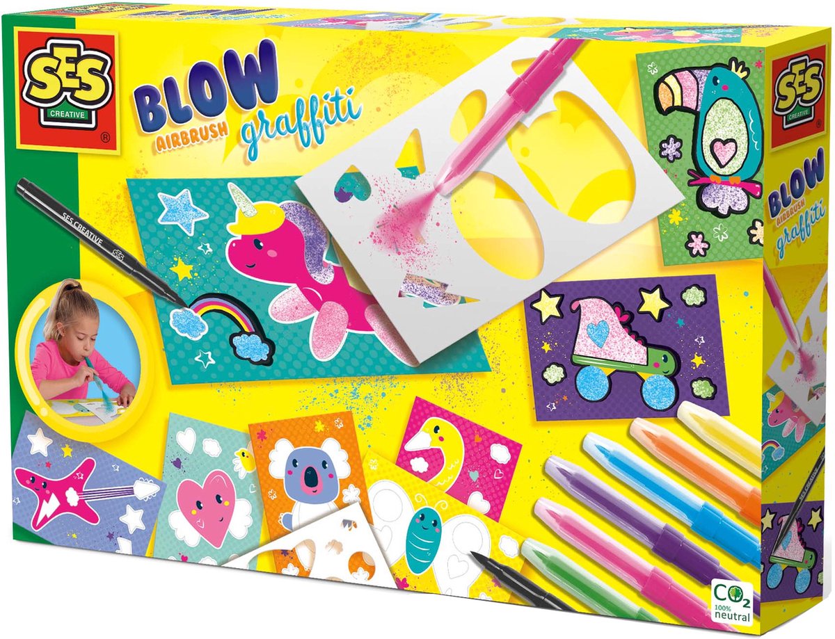 Ses Creative – Airbrush-Graffiti blasen – Kreativ-Bastelset ab 6 Jahren – inklusive 6 Airbrush-Stiften, schwarzem Marker, Schablonen und Malvorlagen