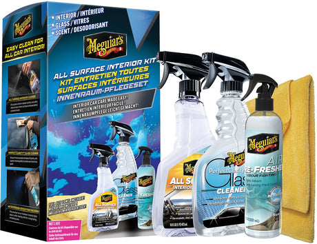 Meguiar's Innenraum-Set für alle Oberflächen – Luftauffrischungsauslöser für Neuwagen – Glasreiniger mit perfekter Klarheit – Innenreiniger für alle Oberflächen – Mikrofasertuch mit höchstem Glanz