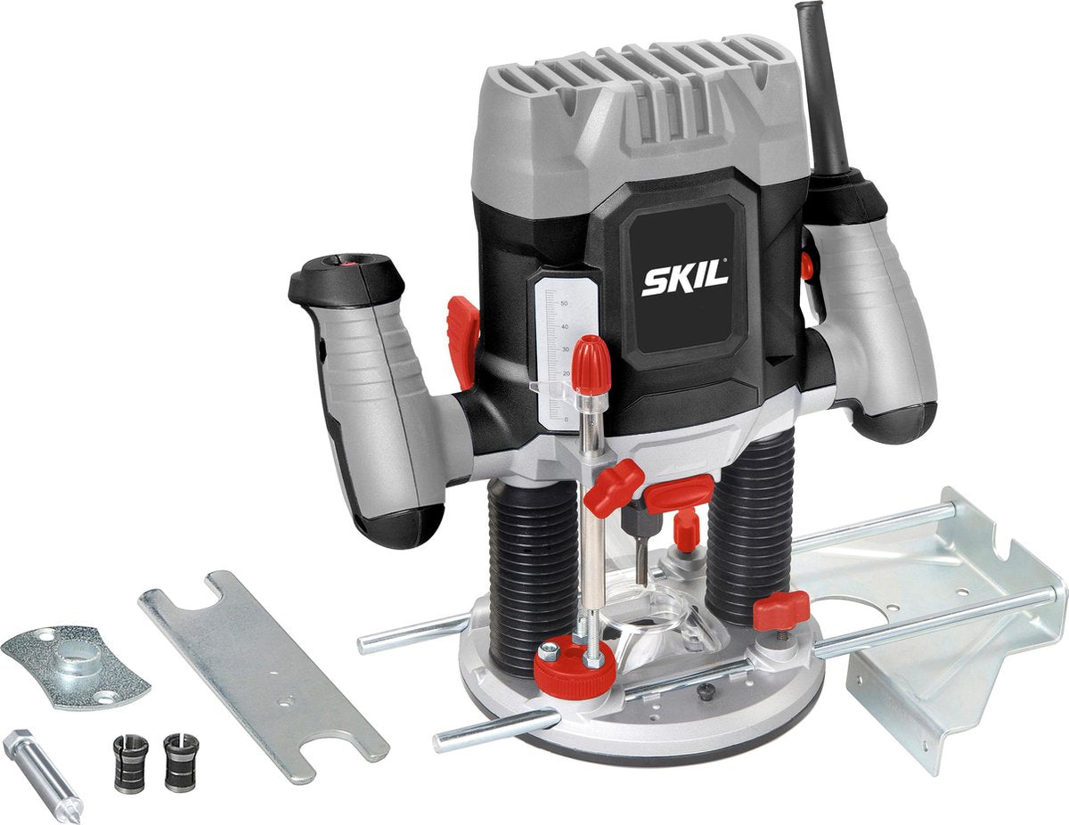 Skil bovenfrees 1200w - freesmachine - vingerfrees - spantangen 6, 6,35 8mm - freesdiepte 55mm - variabele snelheid - alle materialen - met breedtegeleider, centreerpen kopieerring - 1841 aa