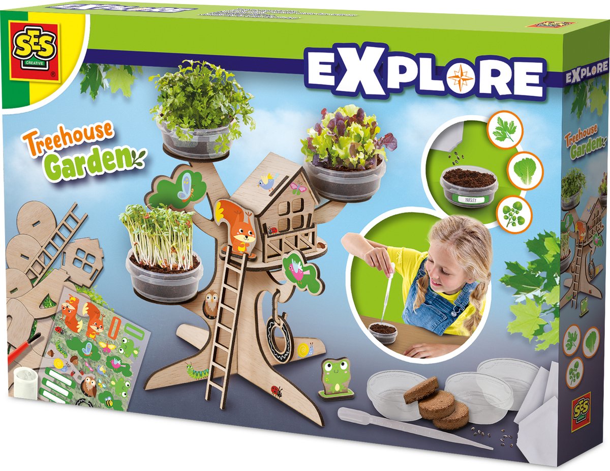Ses kreativ – erkunden – Baumhaus-Anbauset aus Holz – Anbau von Kräuterpflanzen – mit Spielzeugfiguren und 3D-Baum aus Holz – Spielen und Lernen – Gemüsegarten für Kinder