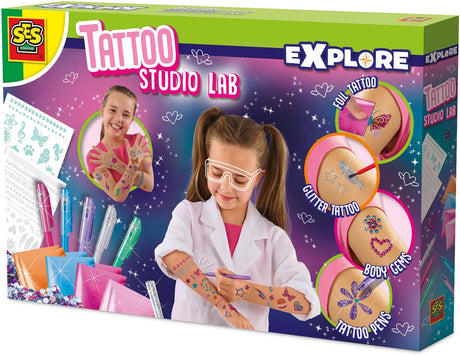 Ses kreativ – erkunden – Tattoo-Studio-Labor – Wissenschaftsspielzeug für Kinder – Tätowierungen machen – Glitzer-Tattoo – Tattoo-Armband – Sprachspielzeug – Experimentierboxen – hergestellt in Holland – ab 5 Jahren