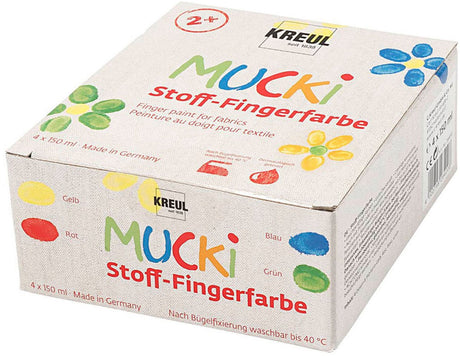 Mucki Textil-Fingerfarbe – 4 x 150 ml Fingerfarbe für Textilien – Farben Gelb, Rot, Blaugrün