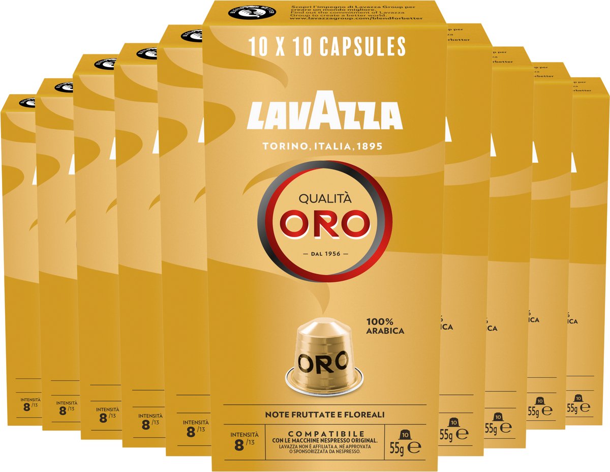Hochwertige Oro-Kaffeetassen von Lavazza – 100 Nespresso-Tassen – 100 % Arabica-Kaffee – Intensität: 8 13 – 10 x 10 Aluminiumkapseln