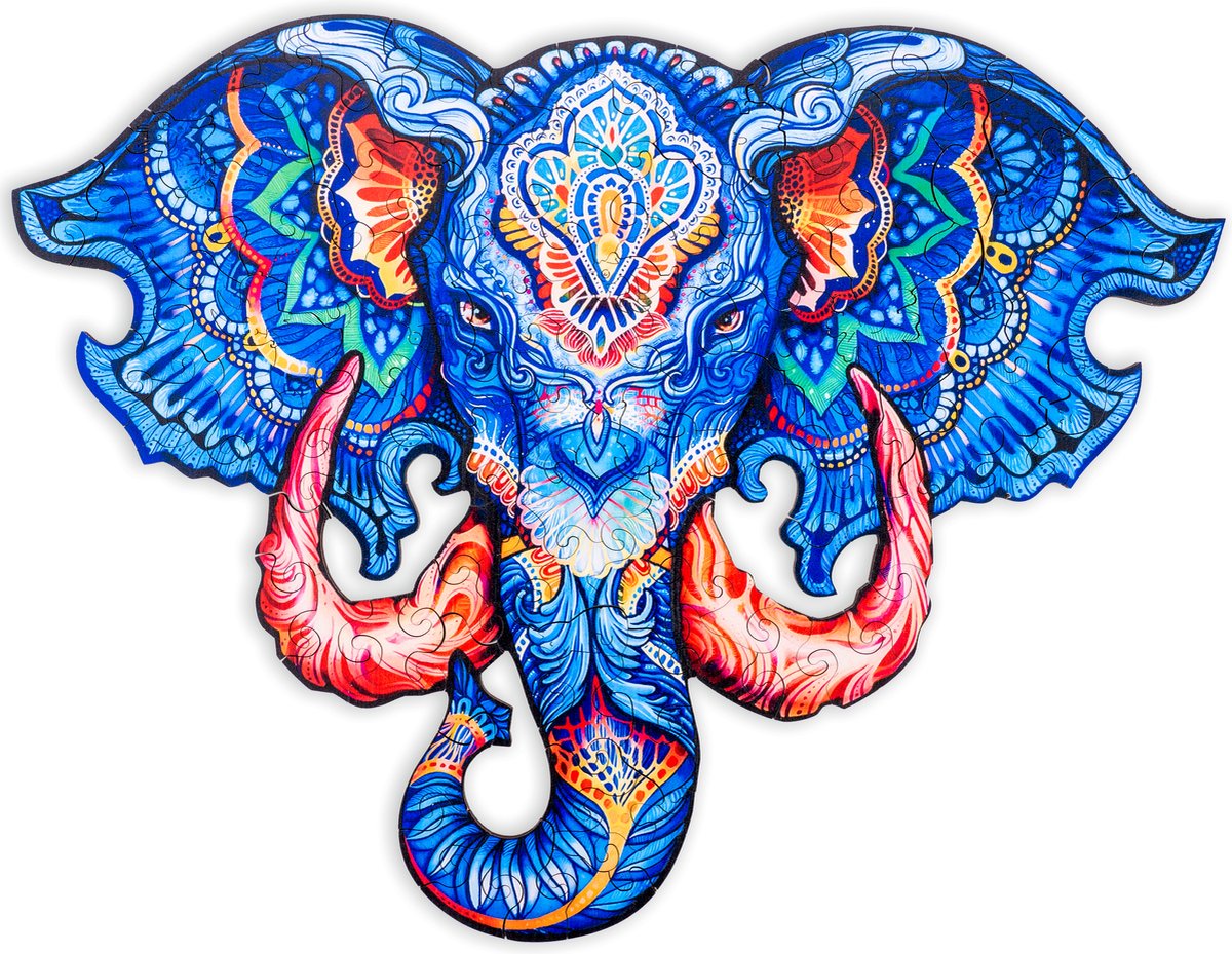 Engelhart houten puzzel olifant hoofd – 83 unieke puzzelstukjes – a4 formaat houten legpuzzel – dieren puzzelspel – educatief denkspel – inclusief opbergetui –