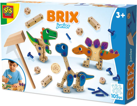 Ses creative – Brix Junior – Dinos – Dino-Baukasten – Holz-Bastelset – Holzspielzeug – Montessori-Spielzeug – verschiedene Holzformen mit Verbindungsstiften – hergestellt in Holland – ab 3 Jahren