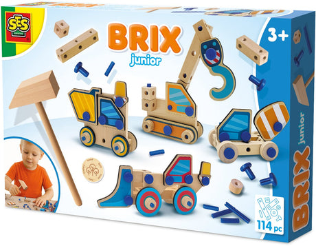 Ses creative - brix junior - bouwvoertuigen - hout knutselset – houten speelgoed - montessori speelgoed – verschillende houtvormen met verbindingspinnetjes – made in holland - vanaf 3 jaar