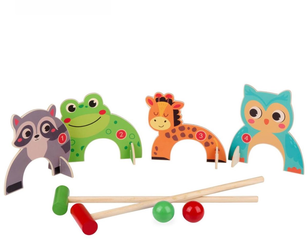 Krocketspieltiere aus Holz, 8 Stück.