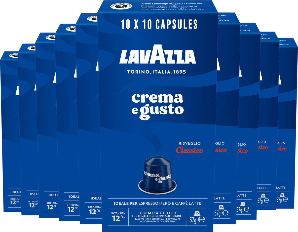 Lavazza Crema e Gusto Classico – 100 Nespresso-Tassen – Kaffeemischung aus Arabica Robusta – Intensität: 12 13 – 10 x 10 Aluminiumkapseln