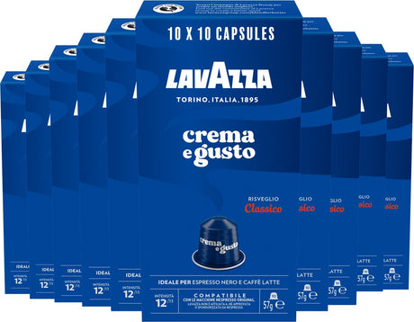 Lavazza Crema e Gusto Classico – 100 Nespresso-Tassen – Kaffeemischung aus Arabica Robusta – Intensität: 12 13 – 10 x 10 Aluminiumkapseln