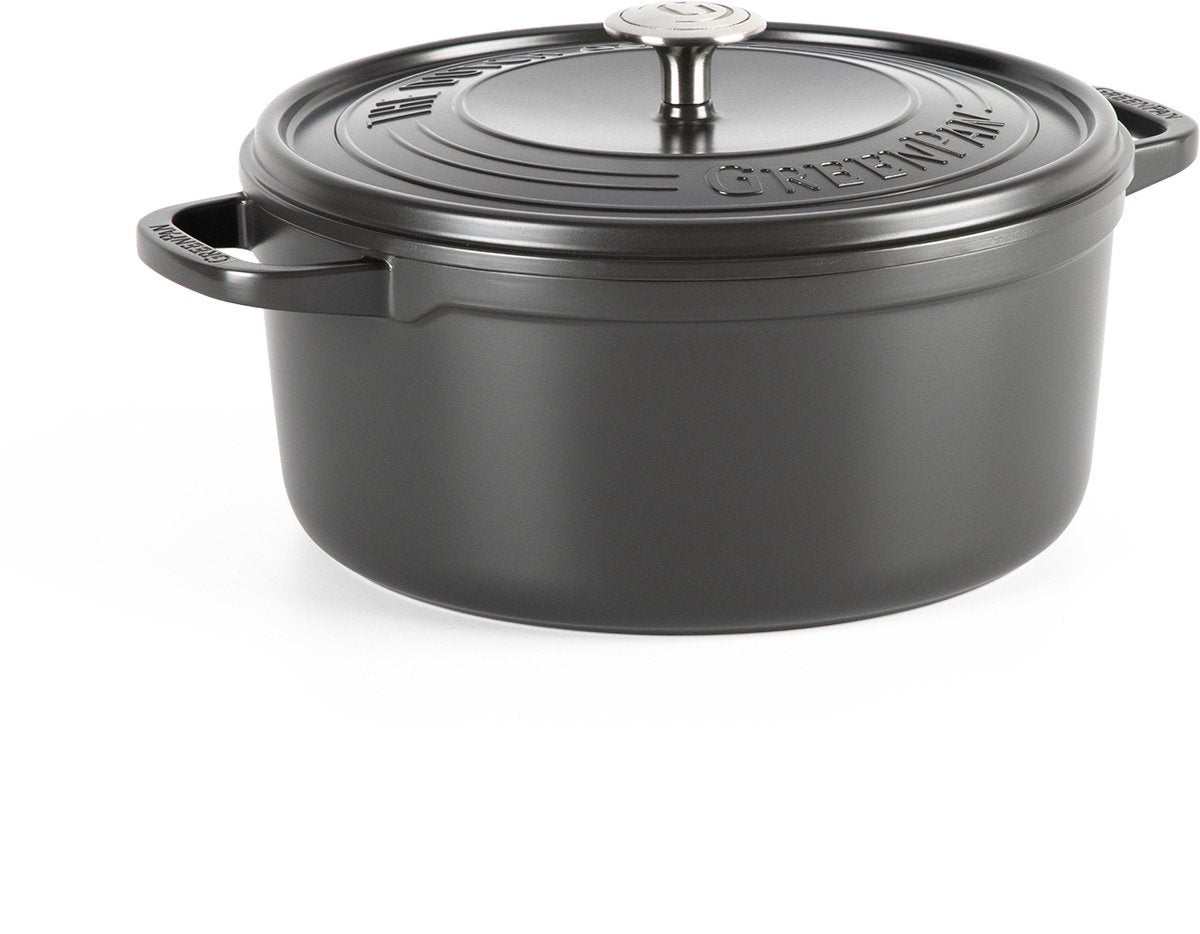 Greenpan Featherweights Bratpfanne 22 cm – 3 l – ohne PFAS-freie Antihaftbeschichtung – Induktionsbratpfanne – ofenfest bis 230 °C – emailliertes Gusseisen – mit Deckel – schwarz