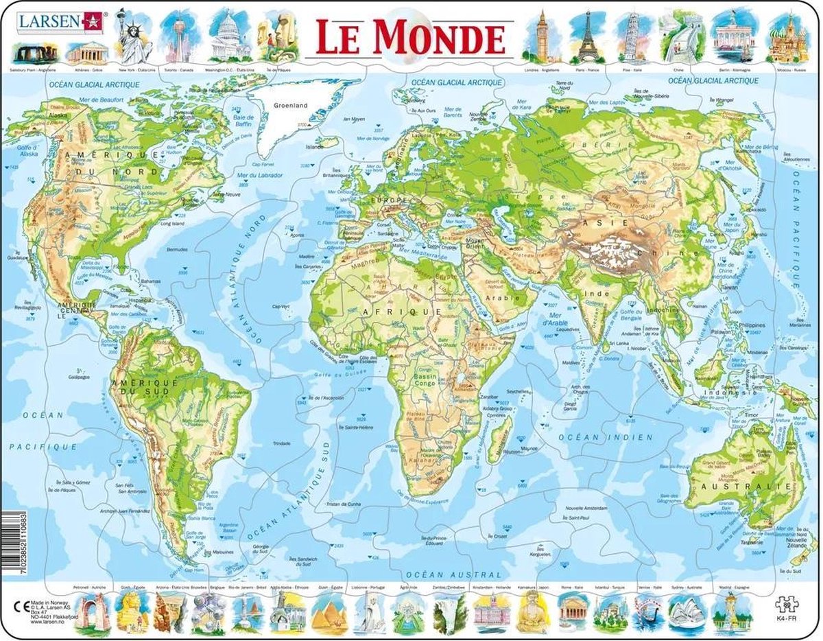 Larsen Carte Topographique du Monde – Puzzle – Monde – Géographie Physique – Puzzle éducatif pour enfants – 80 Teile – in Norwegen hergestellt – Teile mit einer Stärke von 2,5 mm – Plateau mit fester Platte
