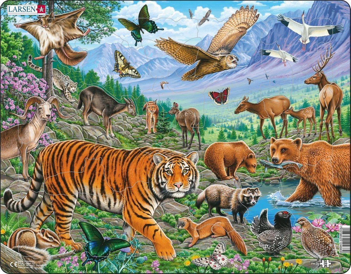 Larsen wilde dieren in de siberische zomer – puzzel – dieren – wilde dieren – educatieve legpuzzel voor kinderen – 36 stukjes – gemaakt in noorwegen – extra dikke 2,5 mm stukjes – tray met vaste rand