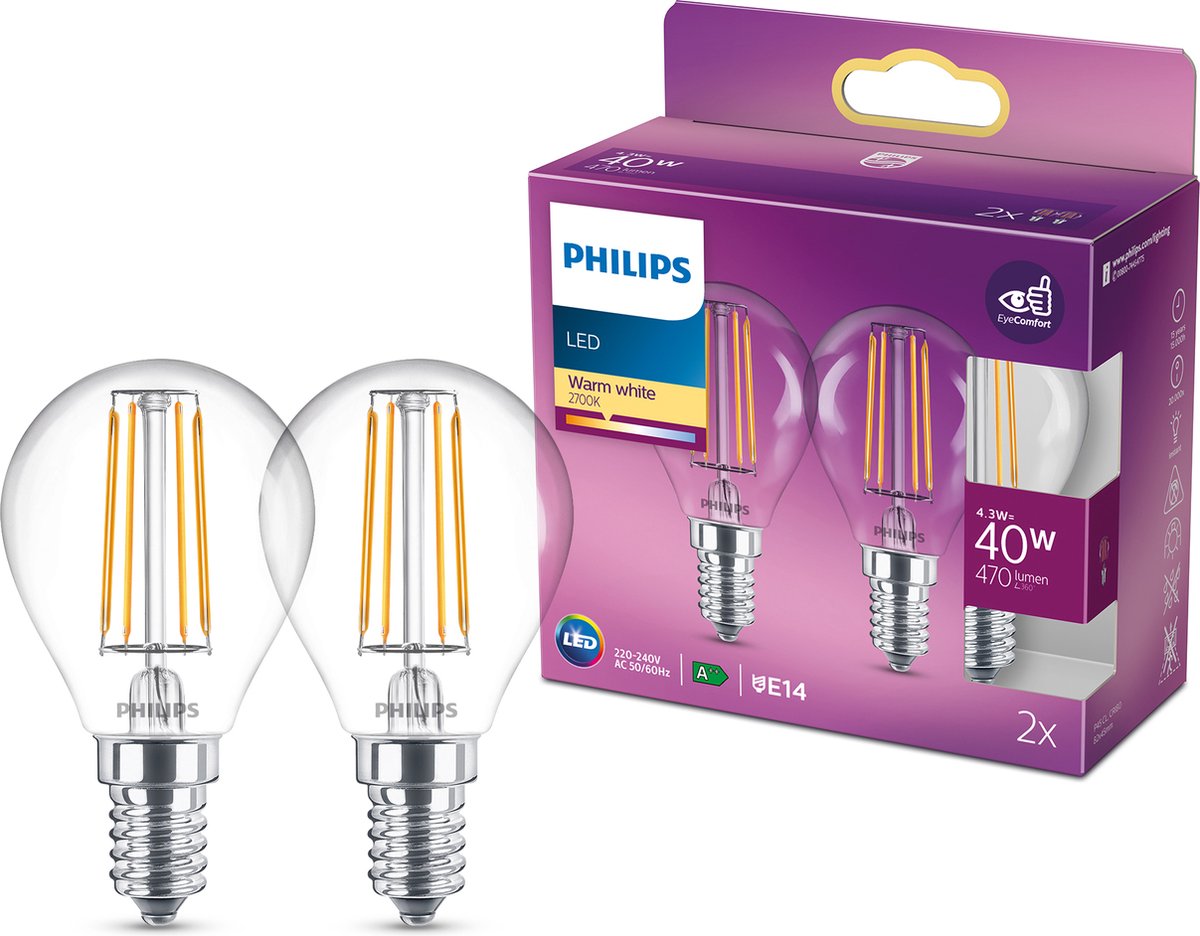 Philips led lamp - kogellamp met e14 fitting - warmwit licht: 2700k - 40w - helder glas - 2-pack