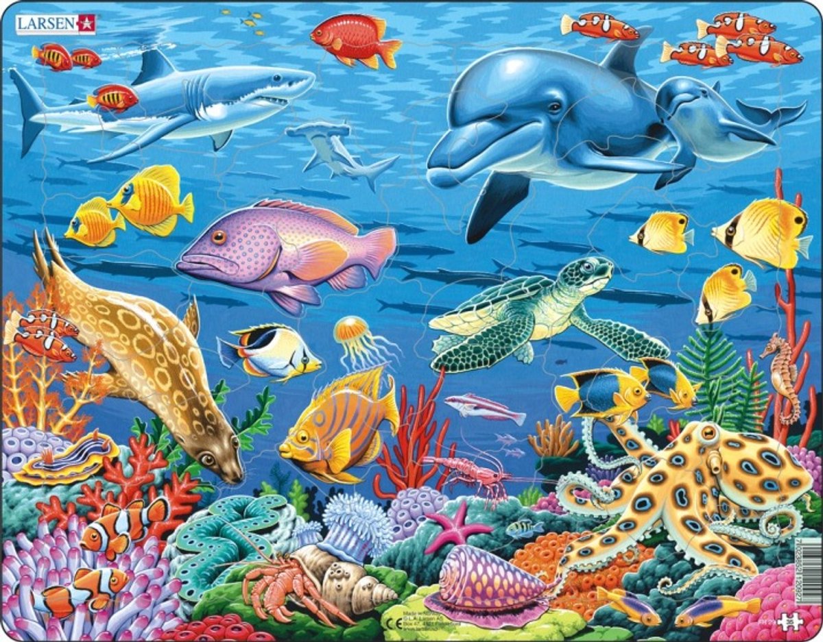 Larsen Korallenriff – Puzzle – Tiere – Ozean – Lernpuzzle für Kinder – 35 Teile – hergestellt in Norwegen – extra dicke 2,5 mm Teile – Tablett mit festem Rand