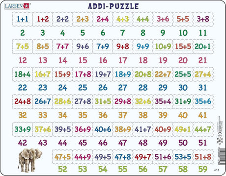 Larsen Addition – Puzzle – Zählen lernen – Addition – Lernpuzzle für Kinder – 58 Teile – hergestellt in Norwegen – extra dicke 2,5 mm Teile – Tablett mit festem Rand
