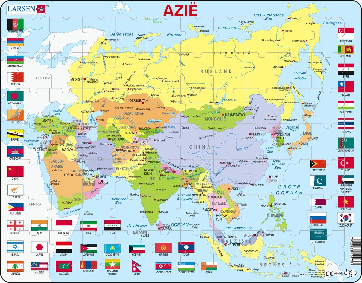 Selecta Larsen Puzzlekarte Asien mit Flaggen, 70 Teile.