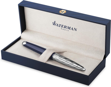 Waterman Carene Füllfederhalter | metallblaue Lackierung mit Palladium-Detail | gemeißelte Kappe | Mittlere Feder aus 18-karätigem Gold
