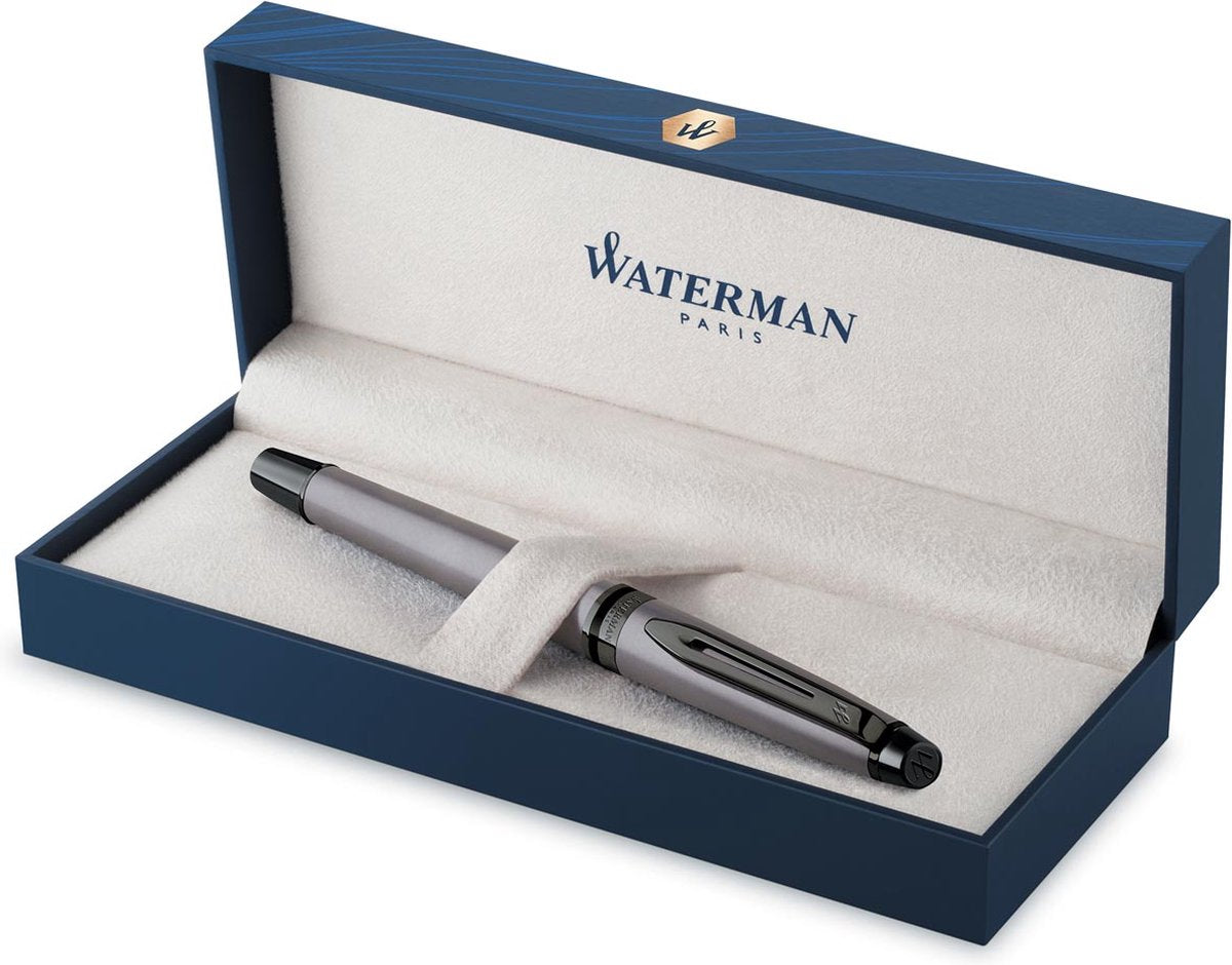 Waterman Expert Tintenroller | metallische Silberfarbe mit Rutheniumdetails | feiner Punkt | schwarze Tinte | mit Geschenkverpackung