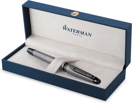 Waterman Expert Tintenroller | metallische Silberfarbe mit Rutheniumdetails | feiner Punkt | schwarze Tinte | mit Geschenkverpackung