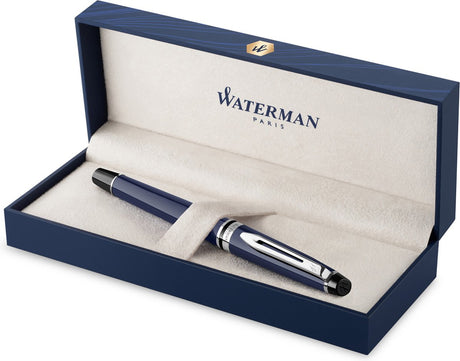 Waterman Expert Füllfederhalter, blauer Lack mit Palladiumdetails, mittlere Edelstahlfeder, blaue Tinte, Geschenkset
