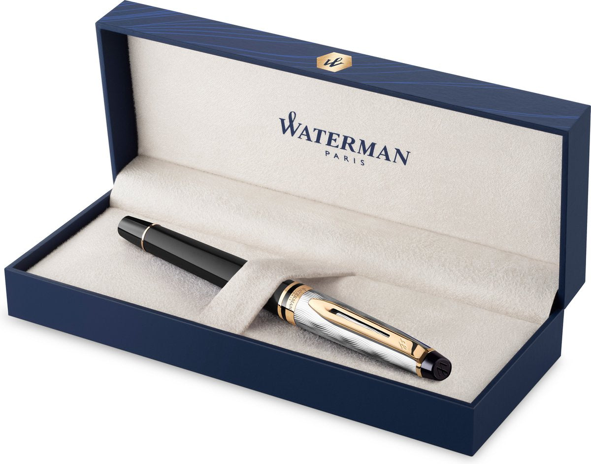 Waterman Expert Füllfederhalter | Metall und schwarzer Lack mit goldenen Details und abgerundeten Ecken | mittlere Feder aus Edelstahl | mit Geschenkbox