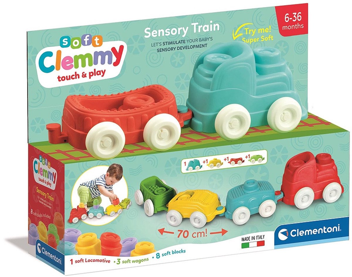 Clementoni Baby – Clemmy Sinneszug mit weichen Blöcken, 12 Stück.