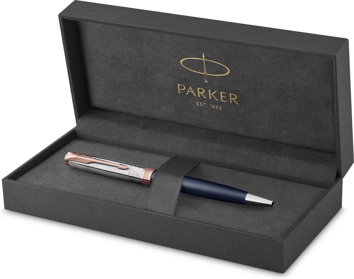 Parker Sonett Kugelschreiber | Intrepid Journeys Collection, Mt. Fuji Edition | blauer Lack und massives Silber mit roségoldenen Details | mittlere Feder mit schwarzer Tinte | Geschenkverpackung