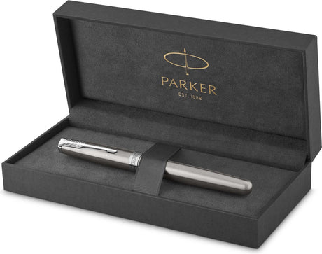 Parker Sonett Füllfederhalter | Edelstahl mit Palladiumkante | mittlere Feder | Geschenkverpackung