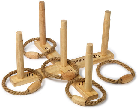 Bex Ring Toss Original – Ringwurfspiel – Holzspiel für draußen aus Gummiholz – klassisches Wurfspiel mit Ringen – Komplettset mit 5 Wurfringen – ab 8 Jahren